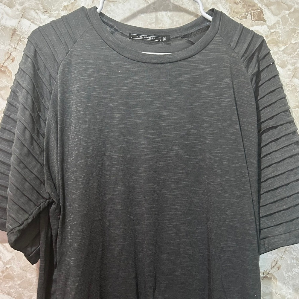SIIMHWRSS Gray‎ Layered Hem T-Shirt Ribbed Sleeve Detail 3XL